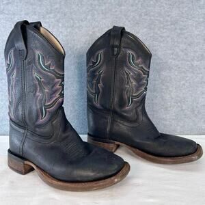Shyanne Girl’s sz 2 Cowgirl Boots Black Leather Teal Stitch Square Toe Pull On
